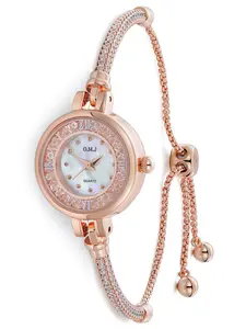 O.M.J G037 Women's Pink Bangle Watch with Cubic Zirconia Crystals Mother of Pearl Dial Rose Gold Bracelet