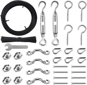 Outdoor Lights Hanging Kit,Globe String Light Suspension Kit,100FT Black Vinyl-Coated 304 Stainless Steel Guide Wire Cable,Include Wire Rope Tension Turnbuckle and Eye Hooks
