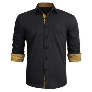 HISDERN Men's Black & Gold Trim Long Sleeve Fitted Shirt - Minimalist OL Classic Style Business Casual Button Down Top