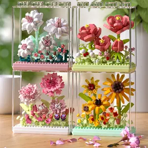 Flower Building Set, Creative Building Blocks, DIY Kits, DIY 3D Garden Model Kit, Handmade Bouquet with Transparent Acrylic Box, ABS Plastic, Home Decor Gift Idea