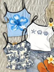 3-Piece Girls' Summer Beach Tank Set, Blue Jasmine, Starfish Shell, Vintage Farm Print, Thin Straps Vest, Casual & Vacation Wear, Fitted