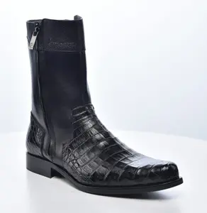 Franco Milano Black Doble Cierre Round Toe Mid-Calf Slip On Cuban Heel Crocodile Print Casual Winter Footwear for Men
