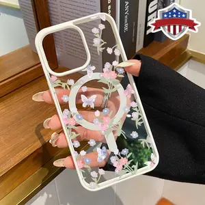 Garden Butterfly Pattern Magnetic Phone Case Supports Wireless Charging for iPhone 15 16 14 Pro Max 13 12 11 XR XS Plus Shockproof Non Slip Protection Silicone Transparent Acrylic Cover Cellphone Protective