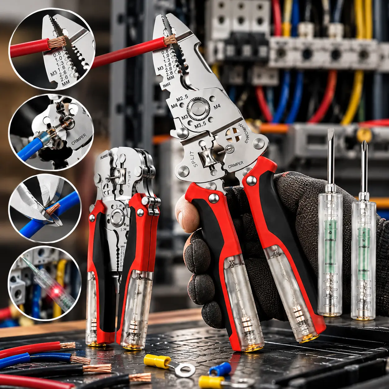 16-in-1 Multi-Function Heavy Duty Steel Cable Stripping Tool - Built-in Voltage Tester, Wire Crimper Cutter - For Professional Electricians, Home DIY Wiring (DIY Tools)
