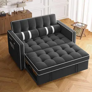 Amada 3 in 1 Convertible Sleeper Sofa Bed, Futon Couches for Living Room with USB Ports & Side Pockets, Adjustable Backrest, Velvet Fabric, Pull Out Couch, Loveseat, Sectional Sofa Bed(Black)