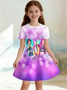 Girls' Star Print A-Line Dress, Casual Fitted Short Sleeve Dress, Fashion Outdoor Wear, Birthday Gift, Holiday Gift