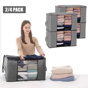 90L Large Storage Bags 2/4 Pack Gray Foldable Containers with Lids & Reinforced Handles for Clothes Blankets Bedding Comforter Organization