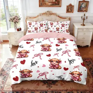 3-piece quilt cover set (1 quilt cover +2 pillowcases, no core) Pink highland cow love bow print soft and comfortable bedding, suitable for all rooms including hotel bedrooms and rooms Duvet Cover Set