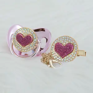 MIYOCAR Luxury Pink Crystal Pacifier and Clip Set – Elegant Baby Girl Gift with Rhinestone Heart Design, Perfect for Newborn Photoshoots, Keepsakes, Baby Showers, and Special Occasions