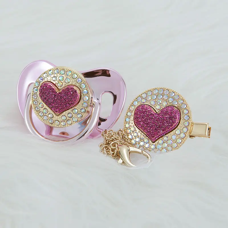 MIYOCAR Luxury Pink Crystal Pacifier and Clip Set – Elegant Baby Girl Gift with Rhinestone Heart Design, Perfect for Newborn Photoshoots, Keepsakes, Baby Showers, and Special Occasions