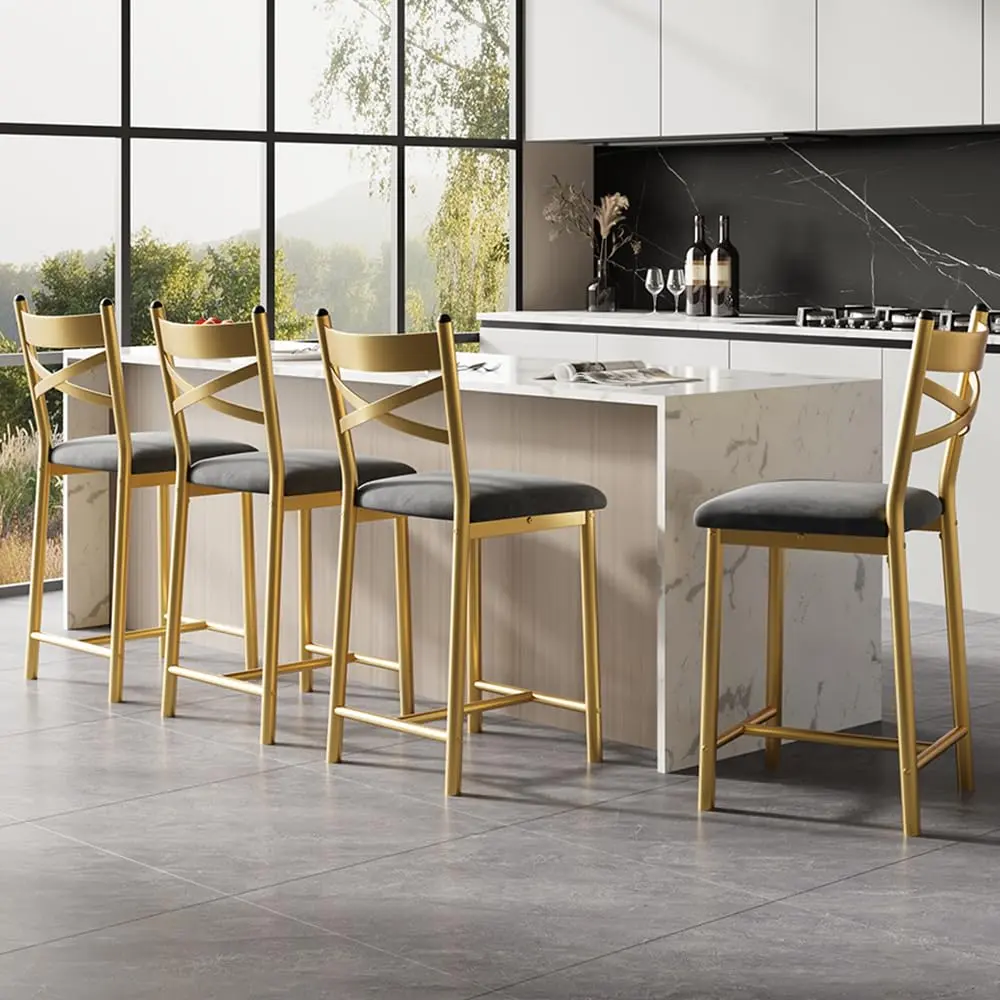Garvee Set of 4 Gold 26" Counter Height Bar Stools with Metal Frame, Straight-line Back, Thick PU Leather Cushions, and Waterproof Surface for Restaurant and Dining Room Use