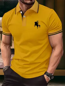 Men's Regular Fit Cartoon Horse Print Polo Shirt, Breathable Polo, Casual Short Sleeve Button Front Top for Summer, Fashion Men's Clothes for Daily Wear, Golf Polo Shirt