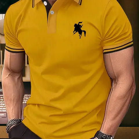 Men's Regular-Fit Cartoon Horse Print Buttoned Polo Shirt, Breathable Short Sleeve Button Design Top, Casual Golf Polo Shirt, Men's Fashion Summer Clothing for Daily Wear