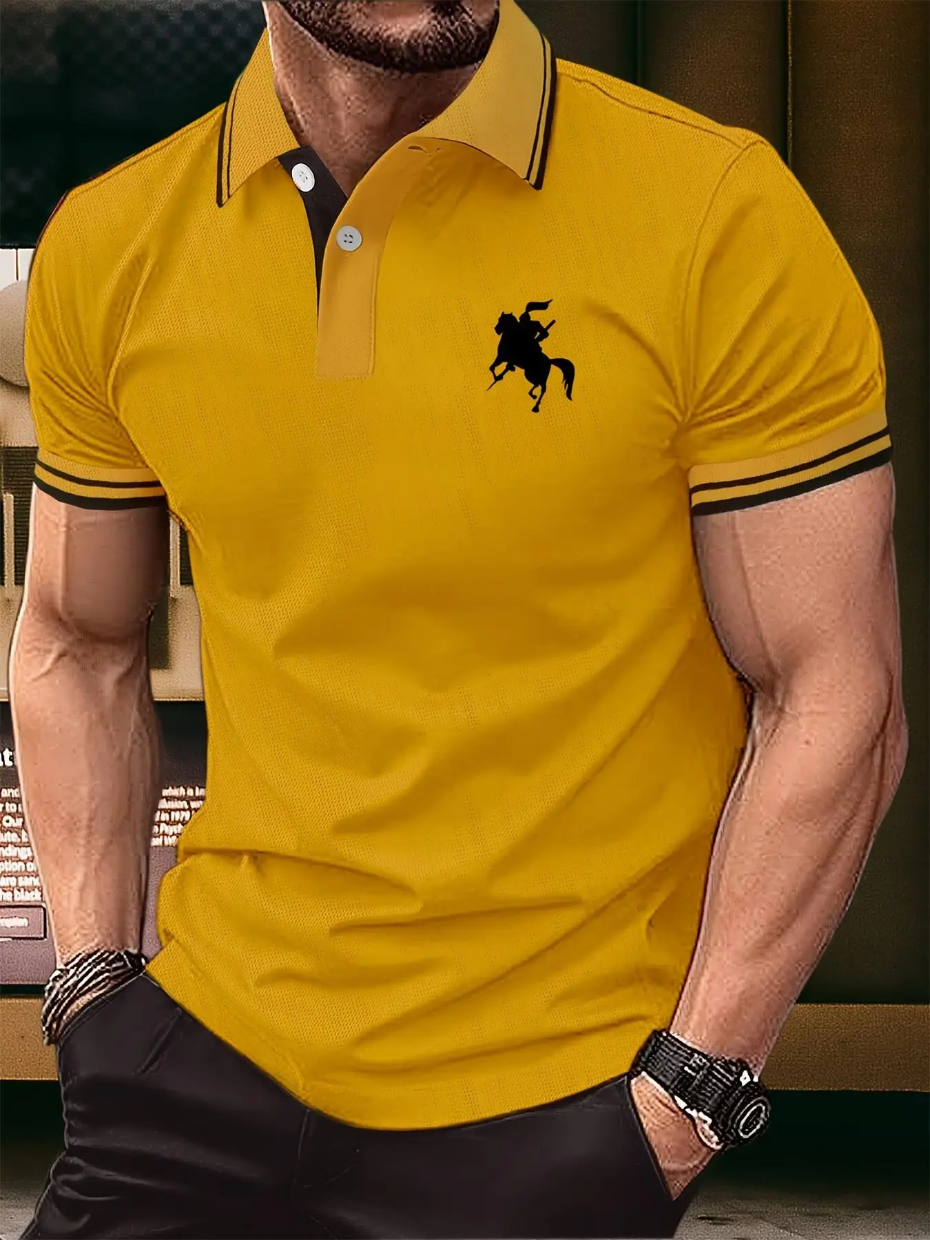 Men's Regular Fit Cartoon Horse Print Polo Shirt, Casual Short Sleeve Button Front Top for Summer, Fashion Men's Clothes for Outdoor Daily Wear, Short
