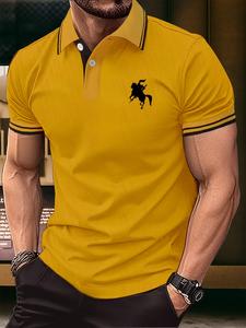 men's regular fit cartoon horse print polo shirt, casual short sleeve button front top for summer, fashion men's clothes for outdoor daily wear, shortsleeve golf polo shirt