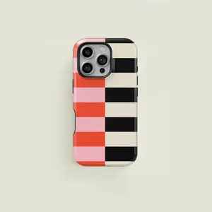 Vertical Split Striped Light Pink, Bright Orange, Black & Cream iPhone Case Compatible with iPhone 15 16 14 17 Pro Max 13 12 11 XR AIR XS Plus Cute  Drop Protection Rugged and Durable gift for her men's cool gadgets iphone 17 pro max cases girls