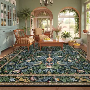 Bird 8x10 Washable Rugs for Living Room, Botanical Non Slip Large Carpet for Bedroom, Stain Resistant Dining Room Rugs for Under Table Dorm Classroom Decor (Dark Green/Navy Blue)
