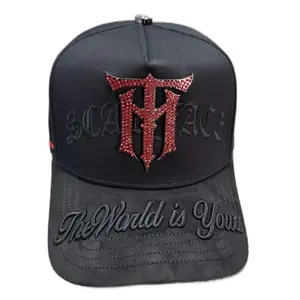 Hat TM Scarface World is Yours Crystals Black Snapback with Red Rhinestone Logo and Embossed Text
