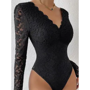 Elegant Lace Long-Sleeved See-Through Slim Bodysuit in Solid Color, Polyester and Elastane Blend, Floral Print - Hand Wash or Dry Clean