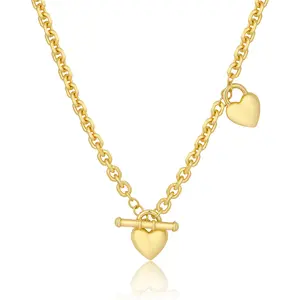 Aprilery Heart Charm Necklace with Toggle Clasp, Stylish Curb Chain with Dual Heart Pendants, Elegant Design for Daily Wear and Special Occasions