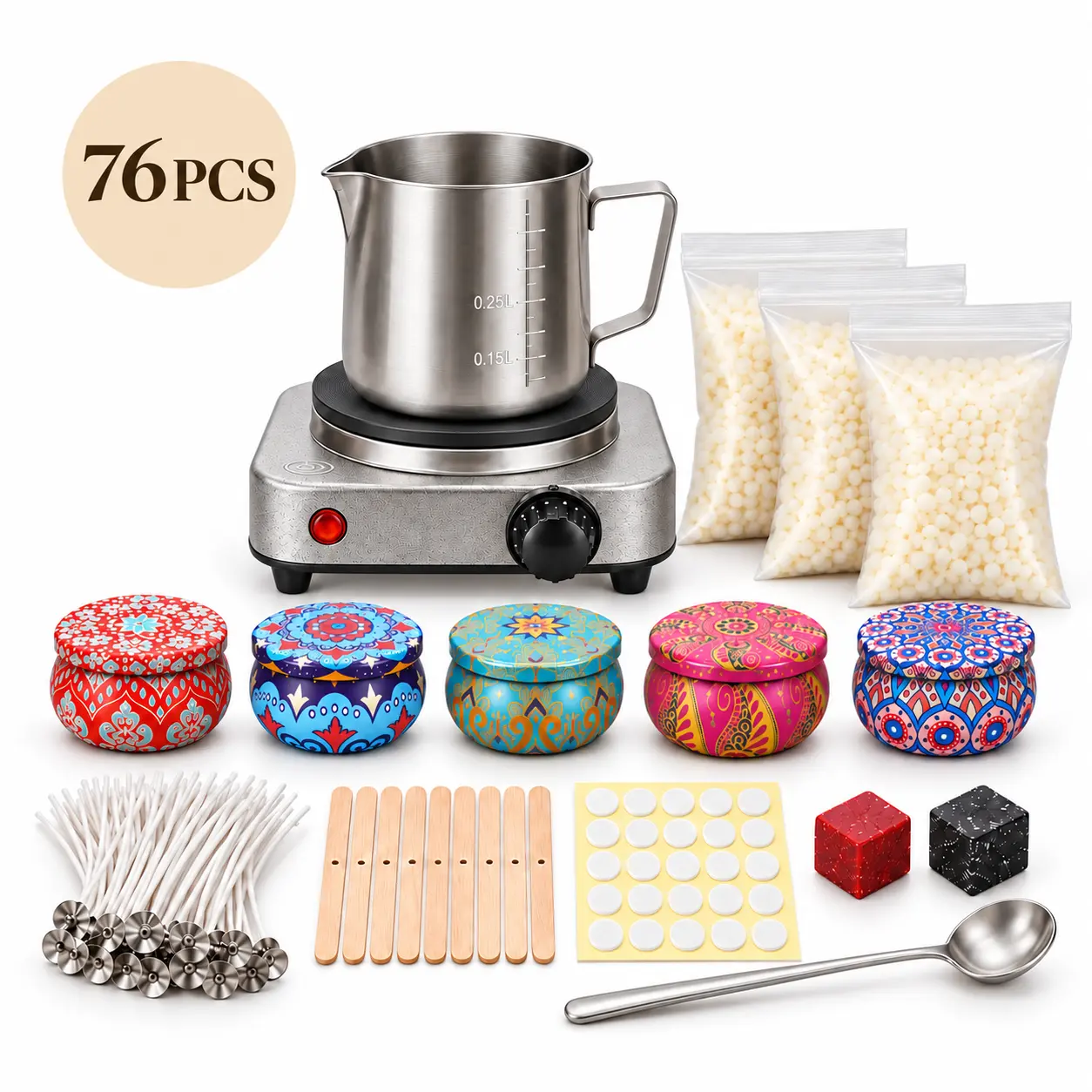 Complete Candle Making Kit for Beginners with Electric Wax Melter, 1050g Soy Wax, 5 Decorative Tins, 50 Wicks, Dye Blocks & Tools, DIY Candle Making Set for Home Crafts, Handmade Gifts, Couples & Family Activities