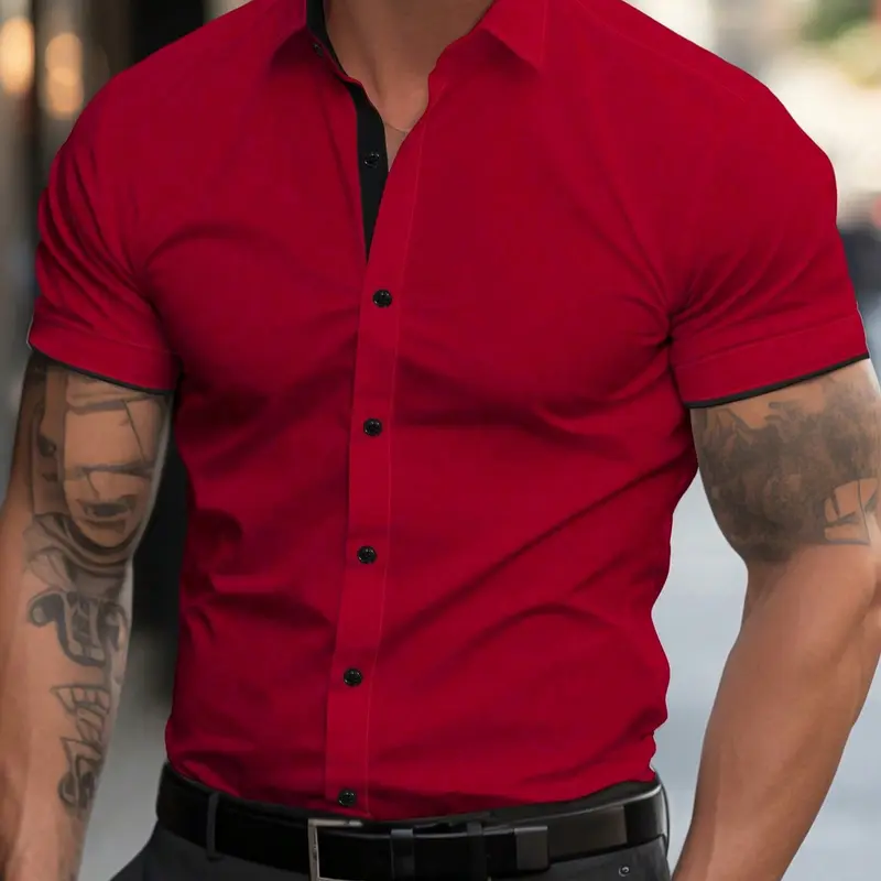 【Black Friday】Men's Summer Contrast Trim Chic Shirt, Button Collared Shirts, Business Casual Versatile Fitted Style