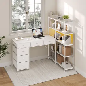 Garvee L-Shaped Computer Desk Organizer – 6 Drawers & 5-Tier Shelves, Built-in LED Lights & Power Outlets, 47.2" Modern Corner Workstation – Sturdy Wooden Design for Home Office, Study, Gaming – Sunset Cloud Color – Maximize Corner Space