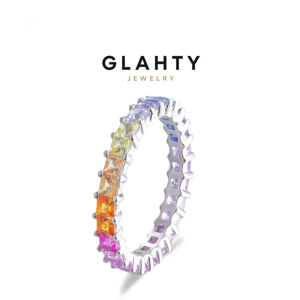 Rainbow Gradient Princess Cut Lab-Grown Sapphire Eternity Band, 2.5mm S925 Sterling Silver 18K Gold Plated Ring for Women