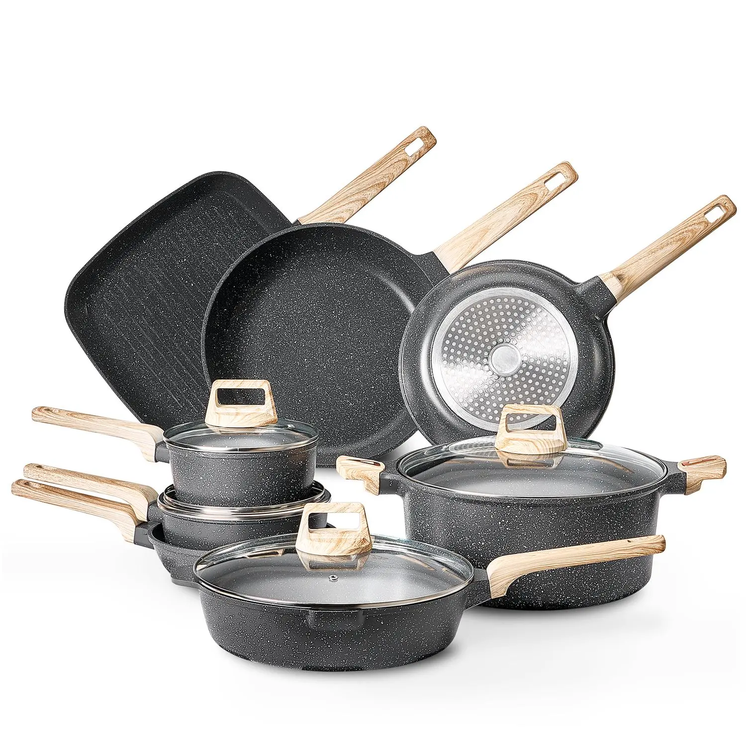 19-Piece Granite Nonstick Cookware Set - Induction-Compatible Home Supplies for Kitchen & RV Use, Includes Versatile Pans, Tempered Glass Lids & Protectors, Black Lightweight Cookware