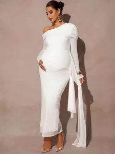 BELLAdresses Old Money Maternity Dress - Elegant Asymmetric Shoulder Tie Fitted Gown for Wedding Guest & Baby Shower