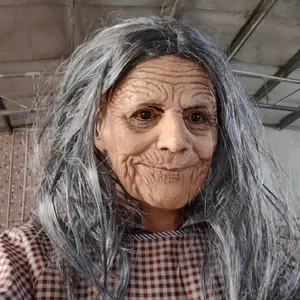 Halloween Latex Horror Old Man/Woman Mask With Long Hair Funny Moving Mouth Grandma Full Face Headgear Prank Pro Comfortable Eye Black-Eyed Granny