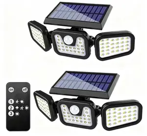 2 Pack 3-Head Solar Outdoor Security Lights, Motion Activated LED Flood Lights, IP65 Waterproof Solar Wall Lights with Remote Control for Exterior Use