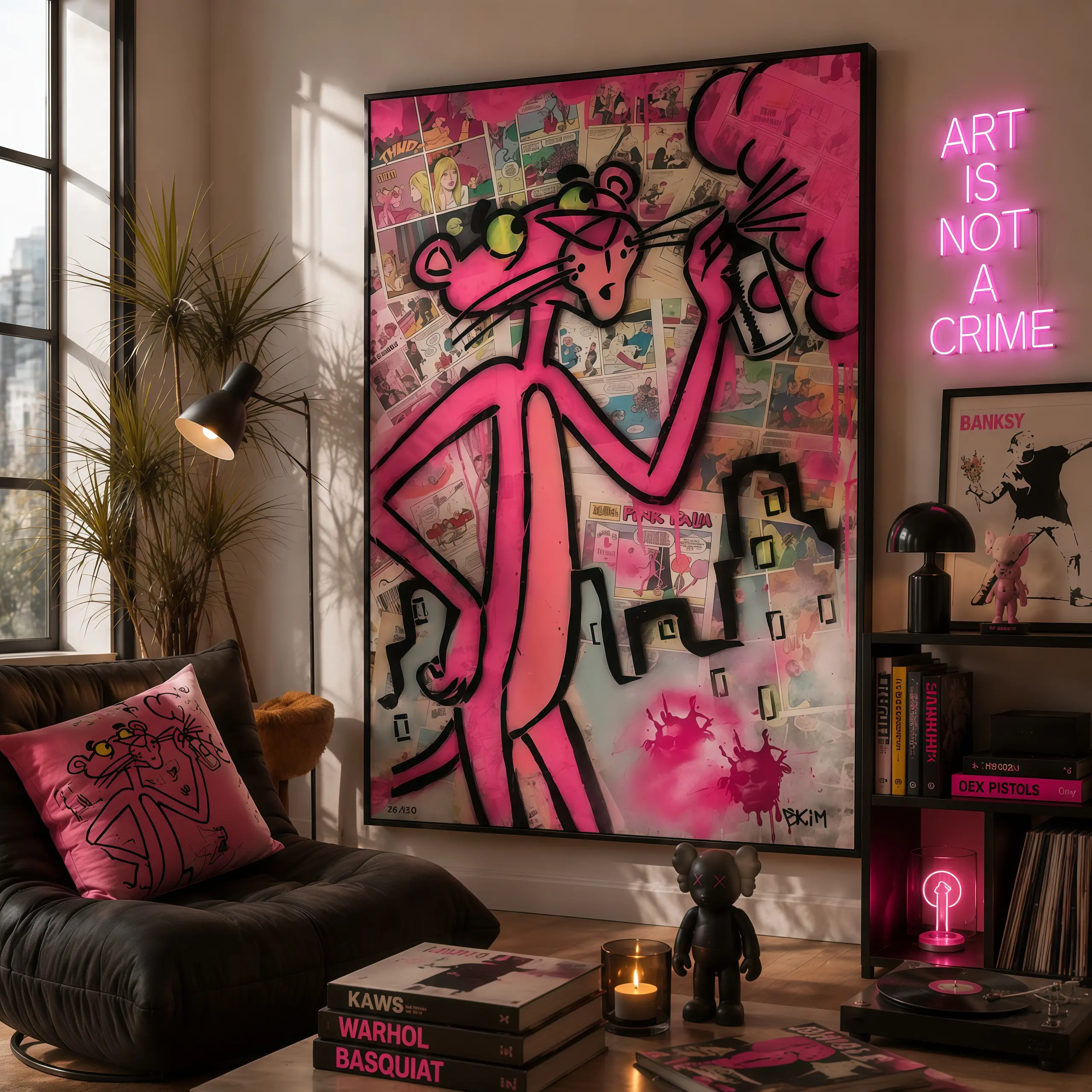 Modern Poster Graffiti Art Pink Panther Canvas Painting Colourful Posters and Prints Wall Art Living Room Home Decor, Trendy Street Art Style, Vibrant Aesthetic Ornament, Perfect for Bedroom Dorm Cafe Studio Decoration