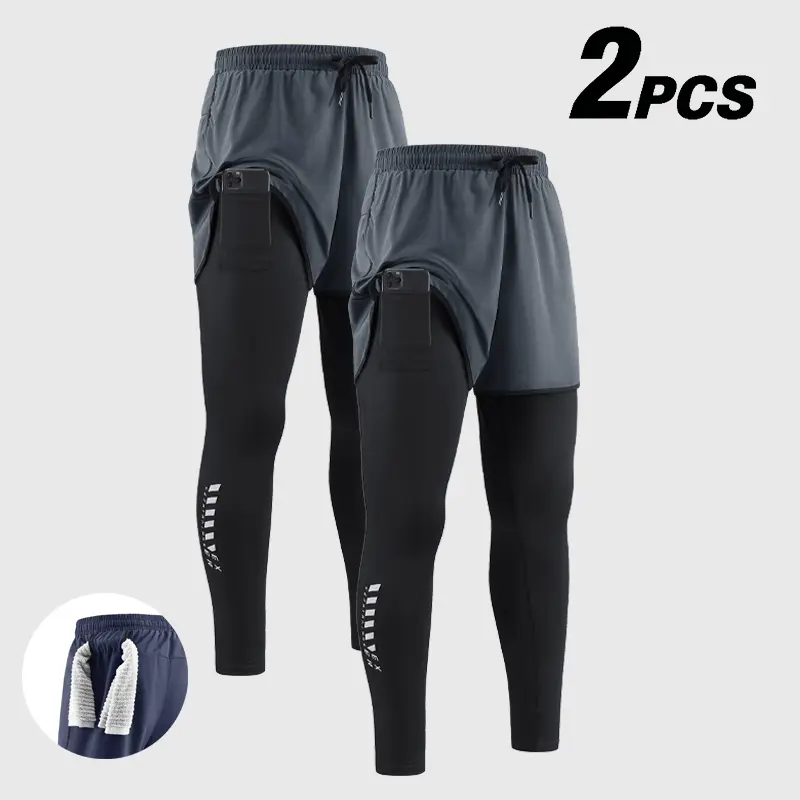 2 Pack Men's 2-in-1 Running Pants, Quick Dry Breathable Compression Leggings with Built-in Phone Pocket & Towel Loop, Elastic Waist Athletic Tights for Gym Workouts, Outdoor Running & All Seasons Comfy Drawstring tapered sweatpants split shorts