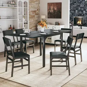 7-Piece Extendable Dining Set w/6 Cushion Chairs Metal Frame MDF Board Space-Saving
