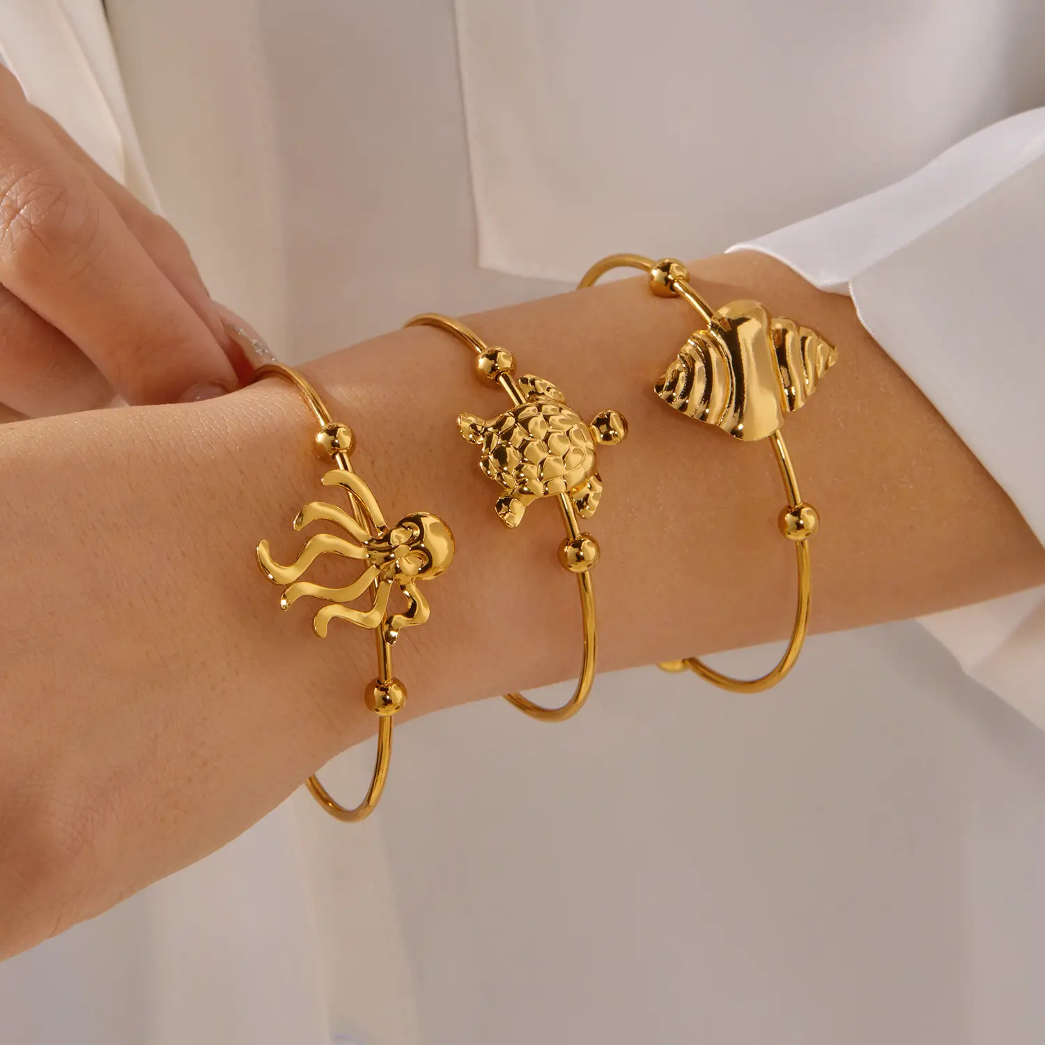 Vacation Style Stainless Steel Cuff Bangle for Women Gold Color Adjustable Conch Octopus Turtle Bracelet Beach Party Jewelry