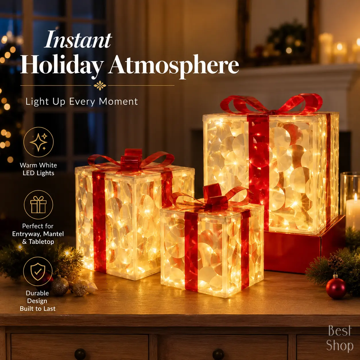 3-Piece LED Warm Light Christmas Gift Boxes with Timer, DIY Assembly Required, USB A Compatible, Outdoor Camping & Hiking Decor, Batteries Not Included, Led Lights, Outdoors, 3 Pack, Flashing, Blink, Set, Decoration, Transparent, Battery-Powered