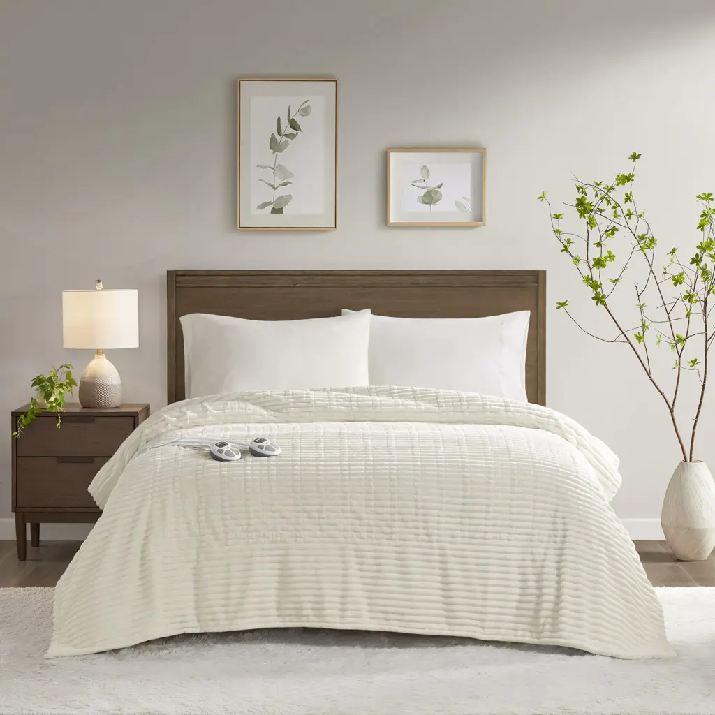 Serta ST54-0283 Classic Corded Full-Size Heated Blanket - 360 Stand, 77x84x0.25 in, Plush Ribbed Texture, Ivory, Feel Cosy, Overheat Safe, 1-12 Hour Auto Shutoff Timer, Corded Plush