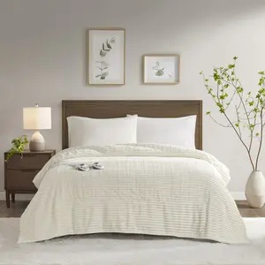 Serta ST54-0284 84 x 90 x 0.25 in. Corded Plush Heated Blanket, Ivory - Queen Size