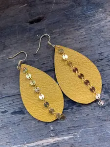 Mustard Yellow Leather Earrings with gold coin chain