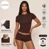 LUMENNEST Women's 2-Piece Workout Set - Solid Color Round Neck Short Sleeve Slim Shirt, High Stretch Breathable Nylon Compression Shorts, Minimalist Athletic Wear