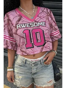 Vintage Camo Print Women's Short Sleeve Jersey, V-Neck Loose-Fit Sporty Top, All over Print Streetwear, No Button or Zipper