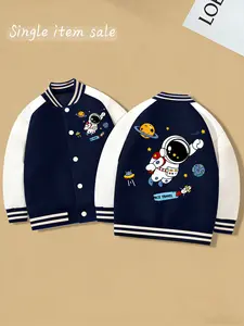 Boys' Baseball Jacket, Trendy Astronaut Print, New Autumn Style, Fashionable & Versatile Kids Bomber