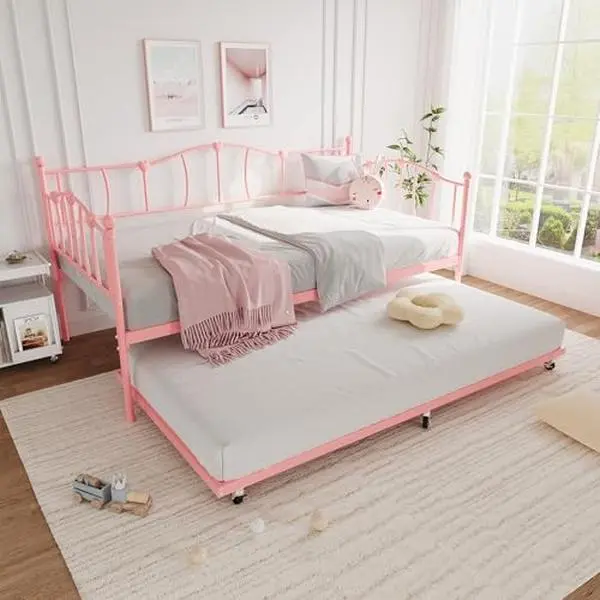 Metal Twin Daybed with Trundle Bed,Twin Size Day Bed with Pullout Trundle and Headboard,Metal Sofa Bed Frame with Steel Slat Support for Living Room,Bedroom,No Box Spring Needed,Pink