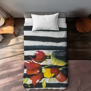 360 stand Twin Extra Long Microfiber Duvet Cover - Vibrant Bold Colors, Floral Stripes with Red Flowers Print, Modern Aesthetics, Home Bedding Decor
