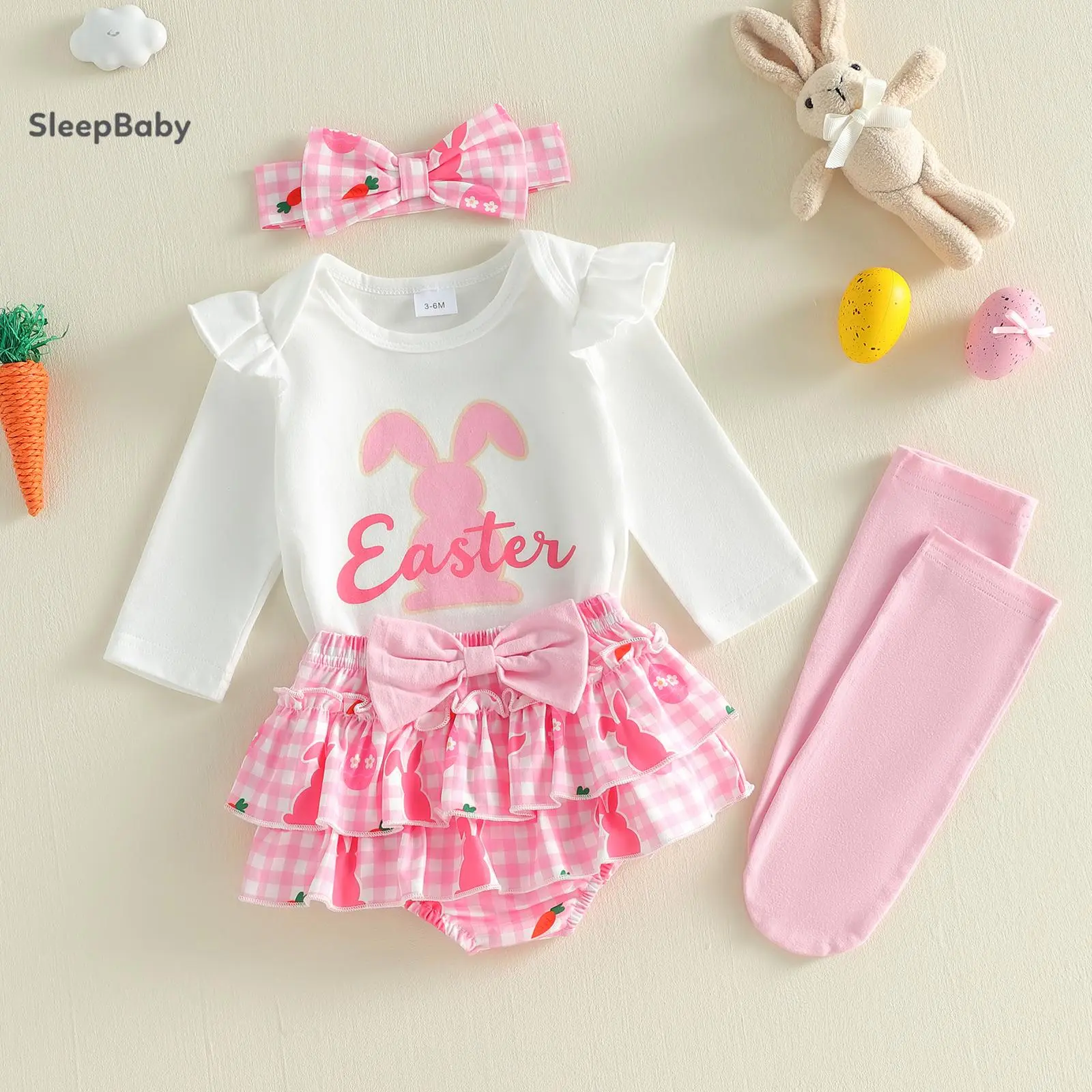 Baby Clothing Set for Easter - 4-Piece Outfit with Cotton Bunny Romper Tops, Plaid Bottoms, Headband, and Stockings, Gift Set, Animals, Long Sleeve, Ruffled Shorts, Polyester, Elastane, Bow Headband Set