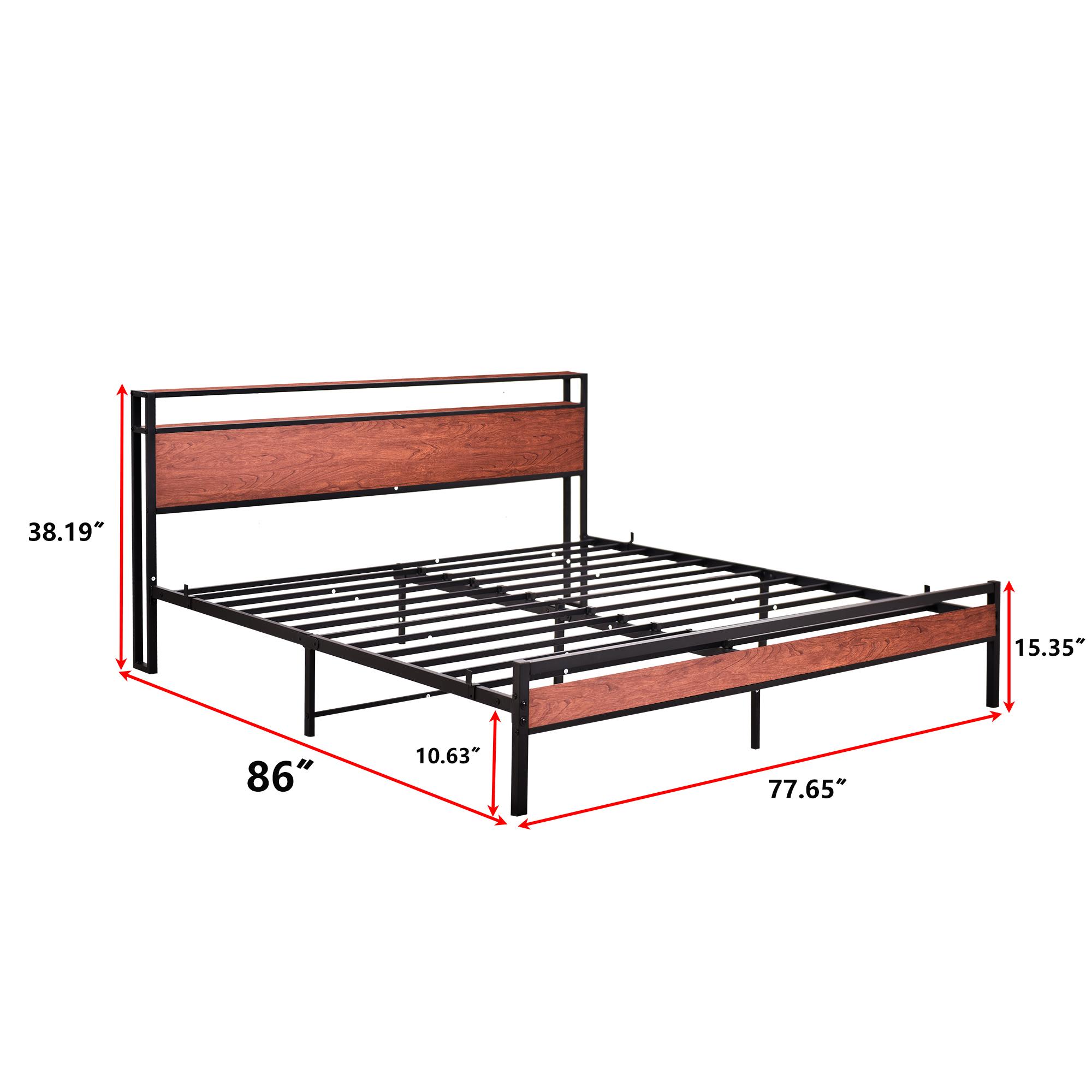 Different Size Metal Platform Bed Frame with Wooden Headboard and Footboard. Features robust metal slat support, no box spring required, delivering exceptional stability and a streamlined, modern aesthetic for your bedroom.