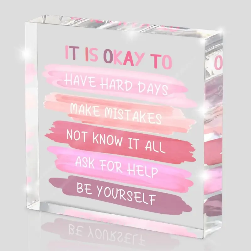 Mental Health Decor, Pink Office & Home Desk Signs Ornament, Acrylic Desktop Plaque Decor, Inspirational Gifts for Women, Mental Health Positivity Recovery Self-Care Encouragement Gifts