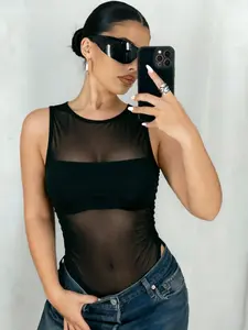 New Arrival Hot Sexy Bodysuit Sheer Tulle Black Bodysuit Women Sleeveless Bodycon Thong Bodysuit Mesh Summer Corset Body Lingerie Party Club Night Out Streetwear Women's Evening Top