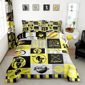 Softball Comforter Sets Bedding Set,Kids Girls Women Adults Yellow and Black Grid Comforter Sports Softball Quilted Duvet Set,Bedroom Collection